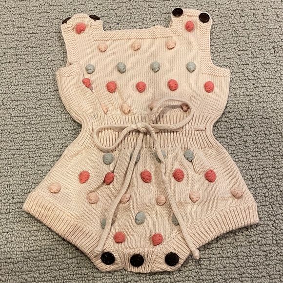 Other - Baby or toddler sized 3-6M Cute Knit Baby Romper with colorful Pom Poms & tie